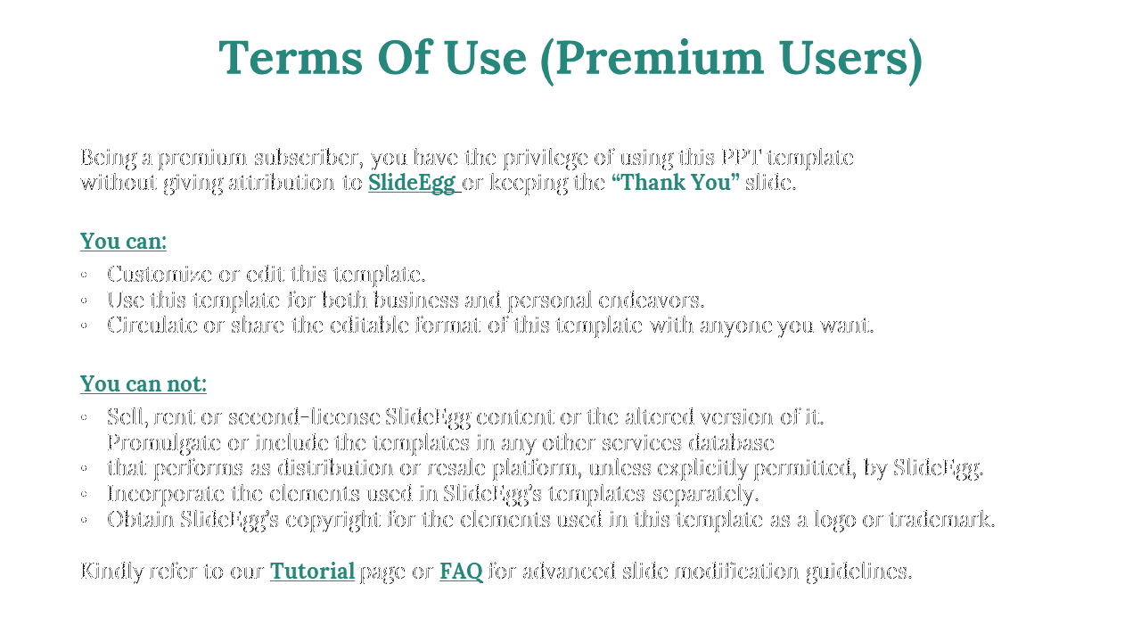 Terms of use for premium SlideEgg users allowing editing and distribution of templates in a white backdrop.