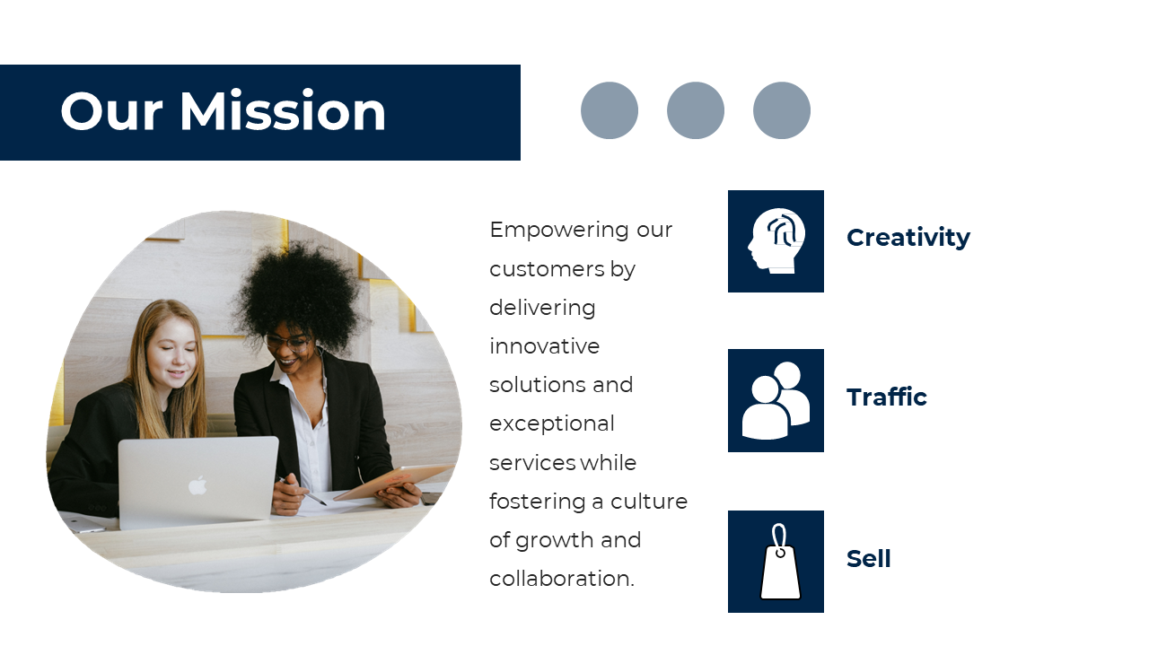 Two professionals working together on laptops in an office, focusing on creativity, customer engagement, and sales with icons.