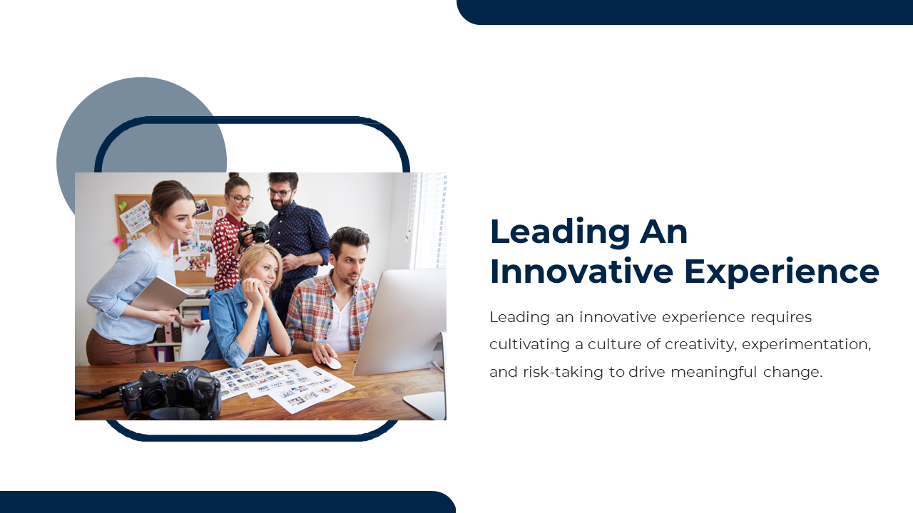 A creative team of five working together in an office, with cameras, printed photos, and a laptop on a white backdrop.