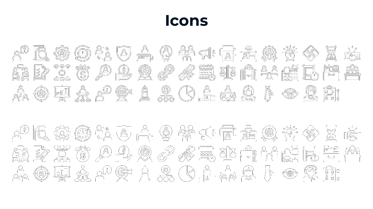 A grid of icons showing various business related symbols such as magnifying glasses, people, gears, money, and charts.