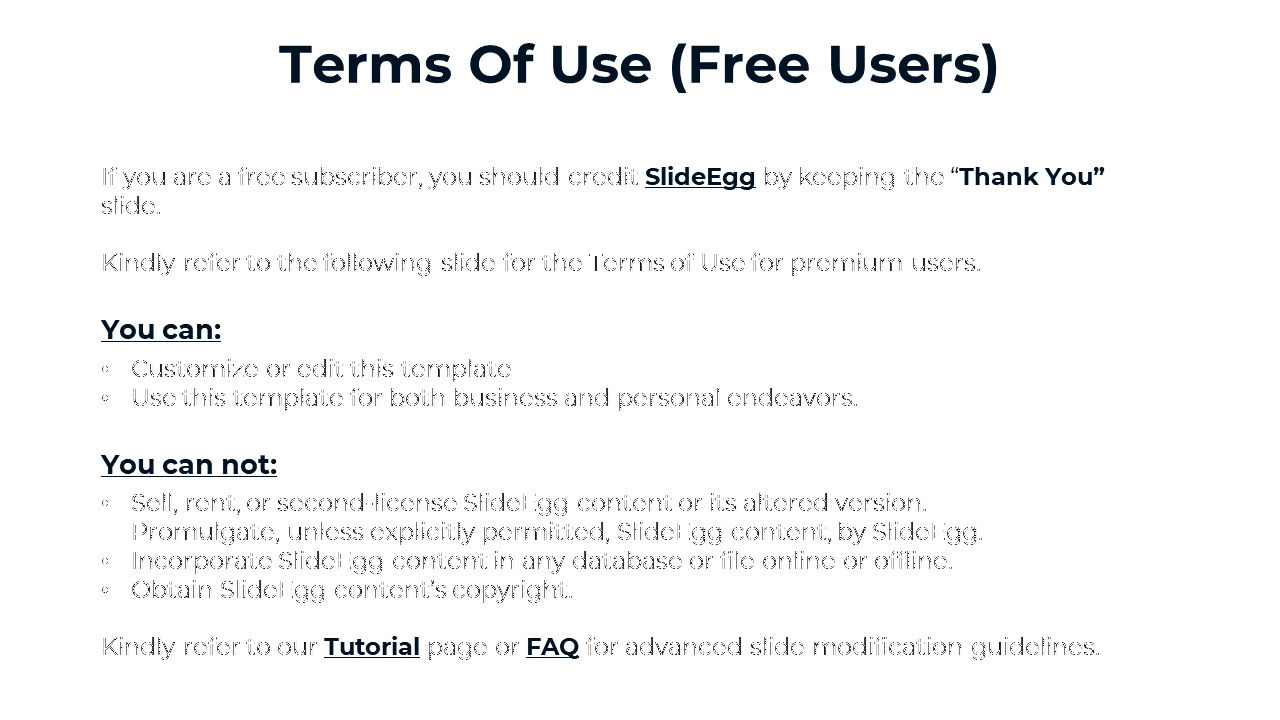 Terms of use for free users of SlideEgg, outlining what users can and cannot do with the templates on white backdrop.