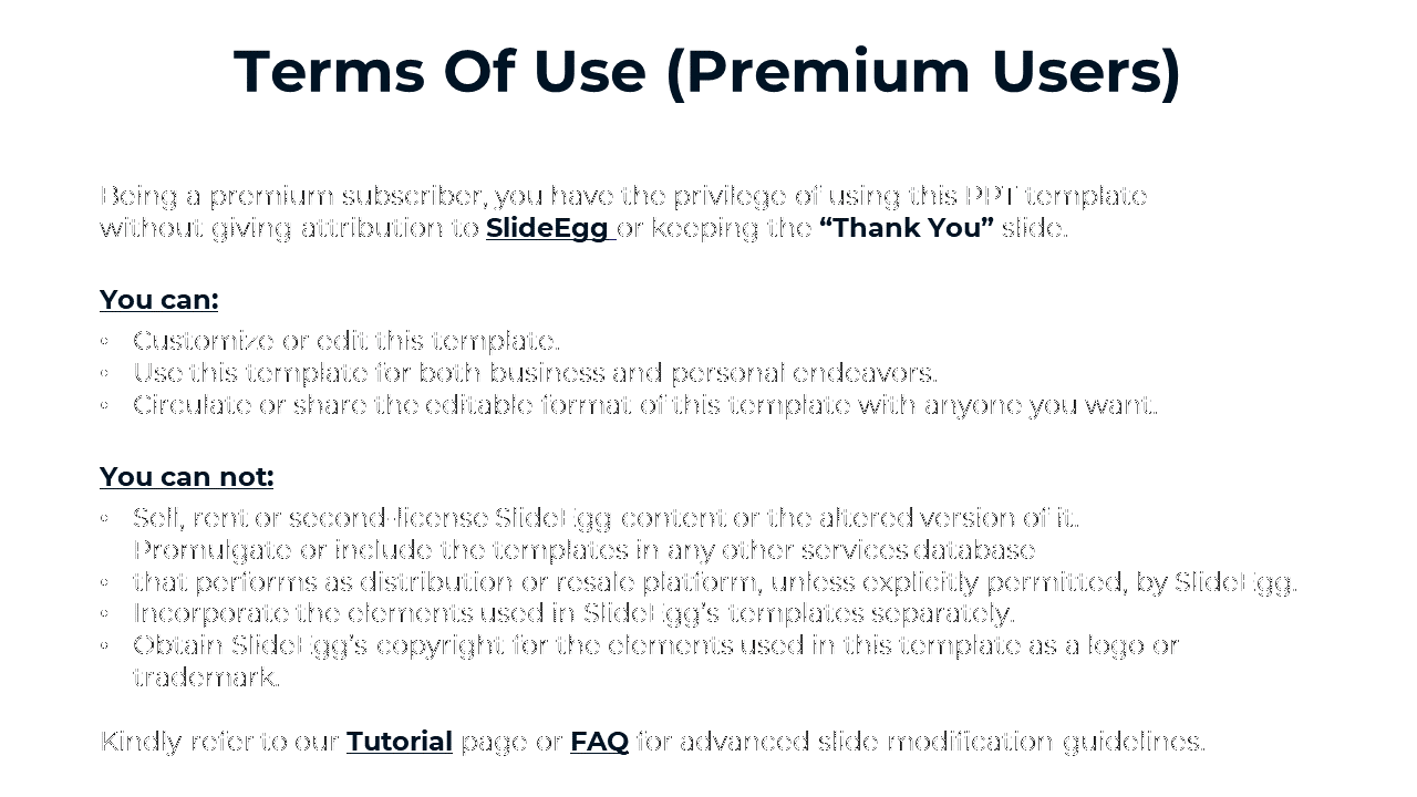 A guide for premium SlideEgg users, explaining the rights to customize, use, and share templates on a white backdrop.