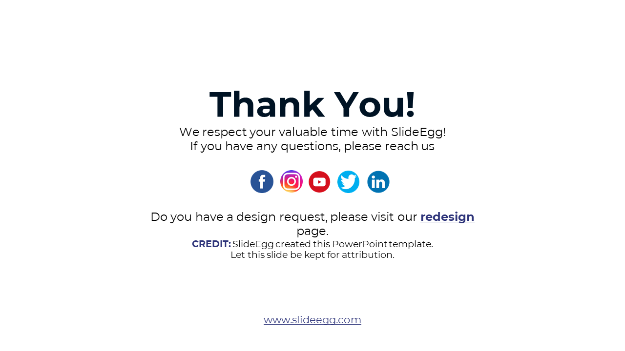 A Thank You slide with SlideEgg branding, featuring social media icons, and a link for design requests on a white backdrop.