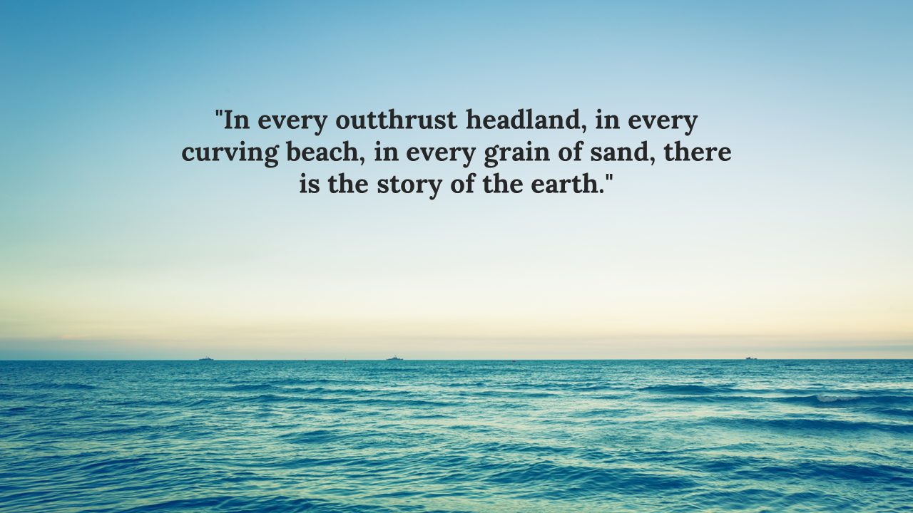 A serene ocean view slide with a quote overlay on a blue backdrop.