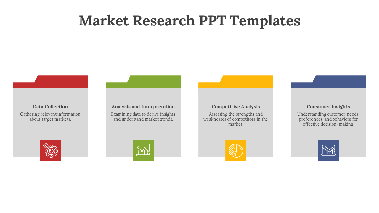 Market research PPT template with four tabbed sections on a white backdrop.