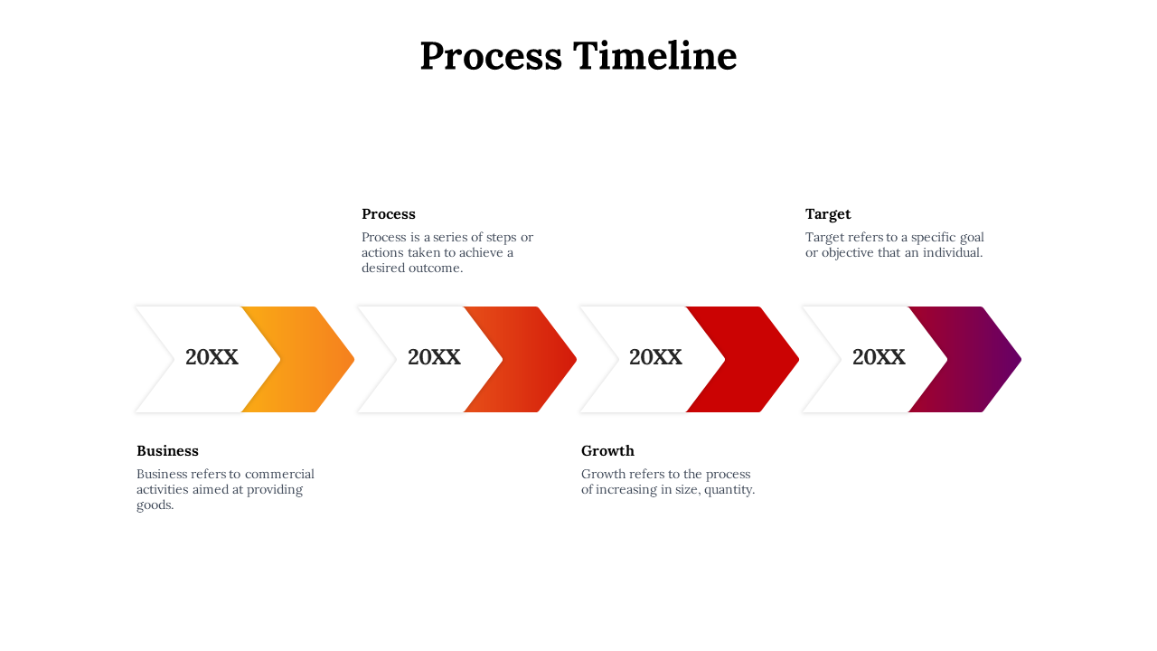 Process timeline with 4 stages Business, Process, Growth, and Target, each represented by a colorful arrow pointing forward.