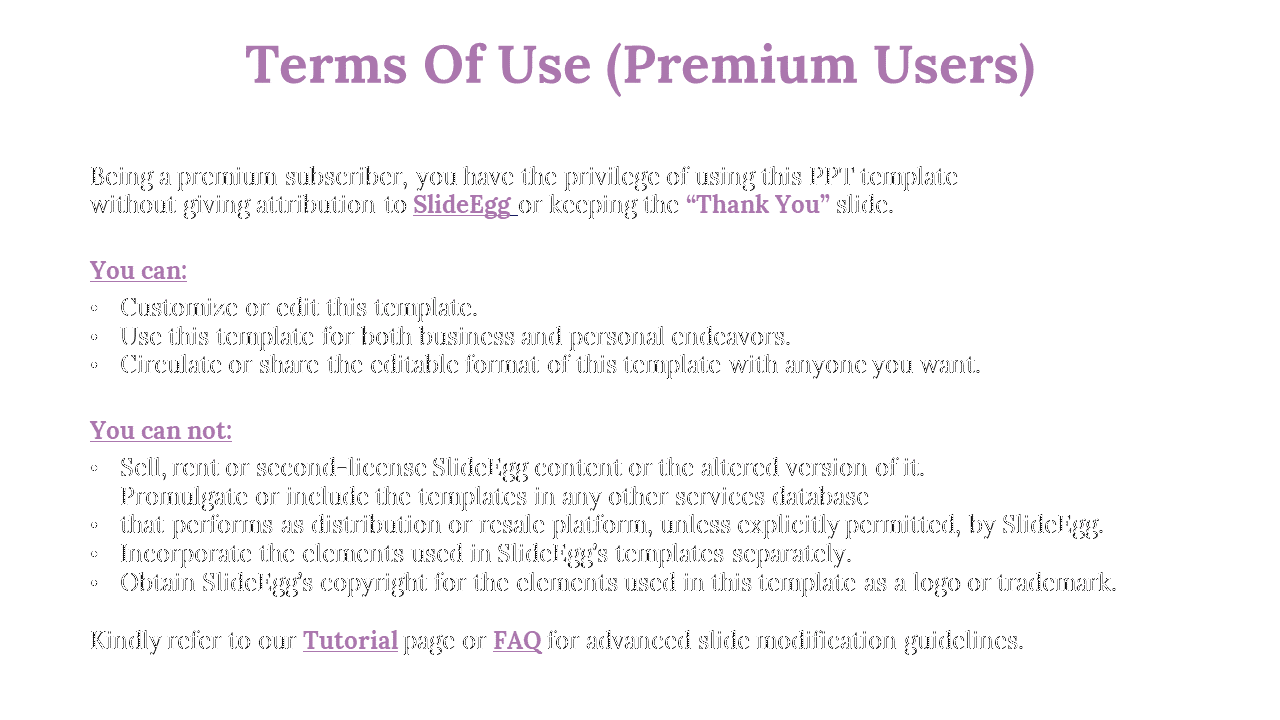 SlideEgg premium user terms edit and circulate templates freely while respecting limitations on resale in a white backdrop.
