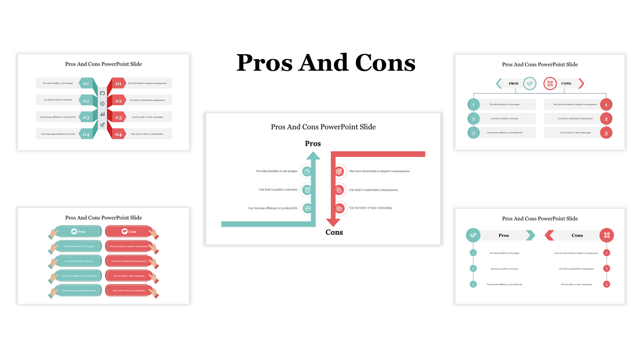 Central pros and cons diagram slides with upward green arrows for benefits and downward red arrows for drawbacks.