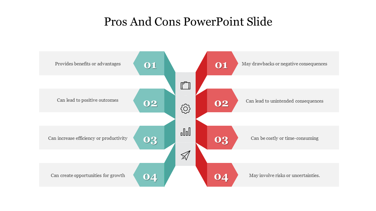 Pros and Cons slide with teal for pros and red for cons with icons on a white backdrop.