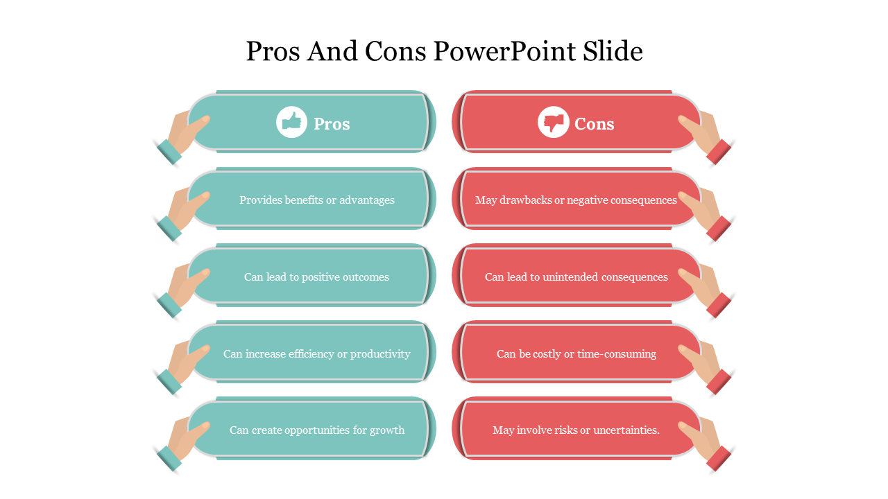 Pros and Cons slide with hands holding teal pros and red cons with labels on a white backdrop.