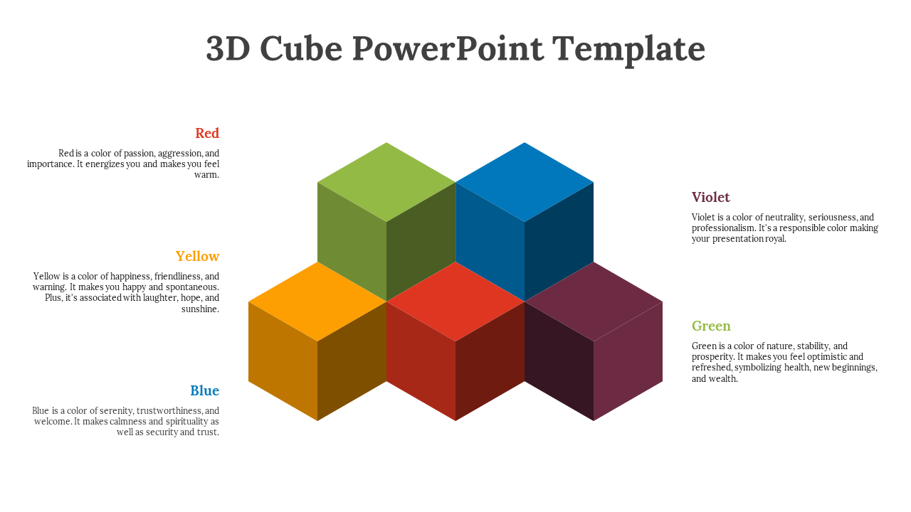 3D cube template showing red, yellow, blue, green, blue, and violet cubes, each with a different color's emotional impact.