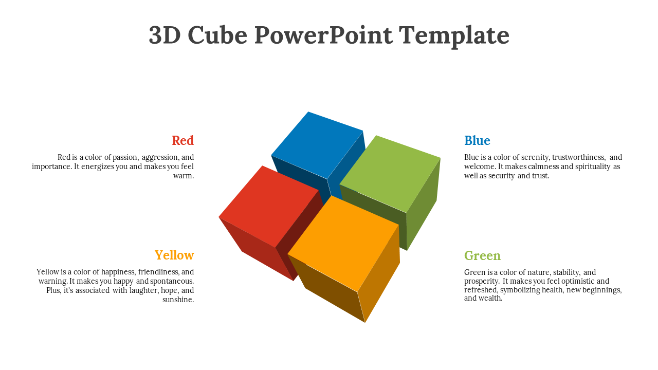 A 3D cube template featuring red, blue, yellow, and green cubes with descriptions of their emotional impact and symbolism.