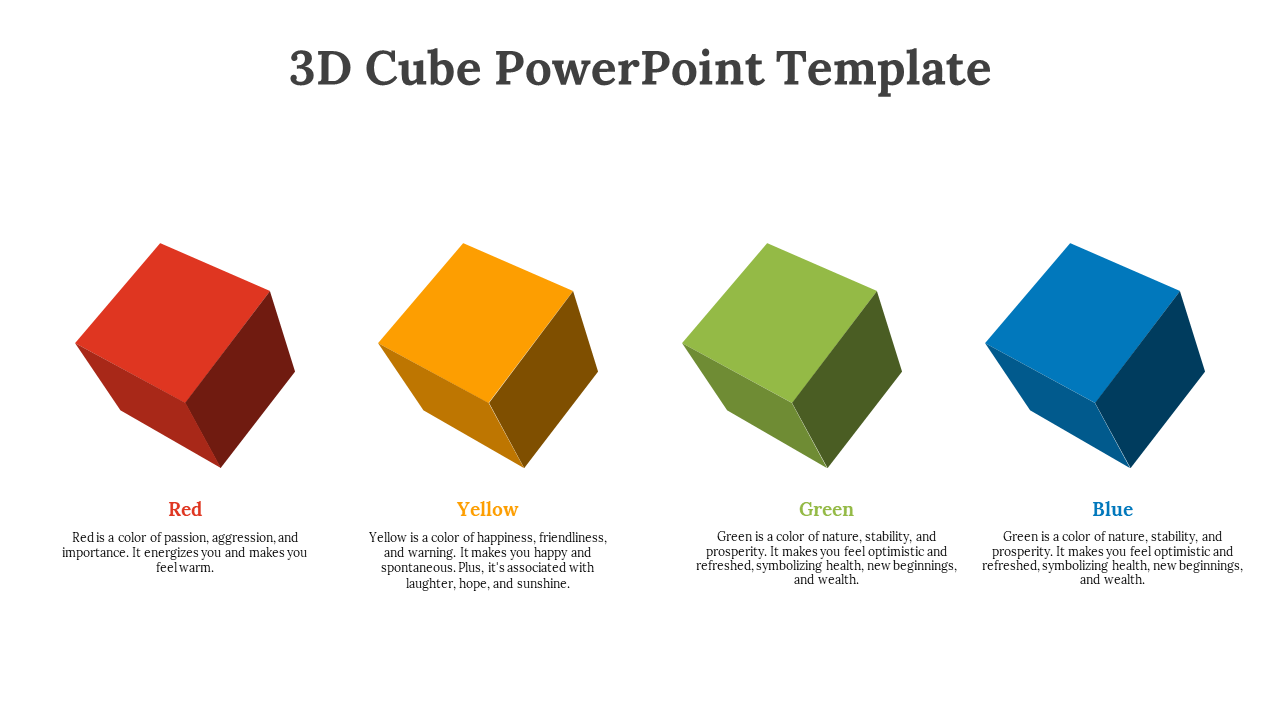 Four 3D cubes in red, yellow, green, and blue, each with a description representing their associated emotions and qualities.