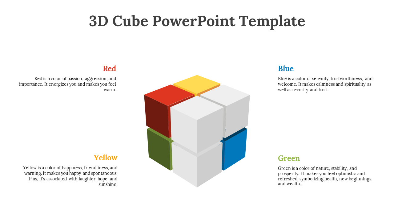 3D cube with red, yellow, green, and blue faces, representing different colors and their meanings, with descriptive text.