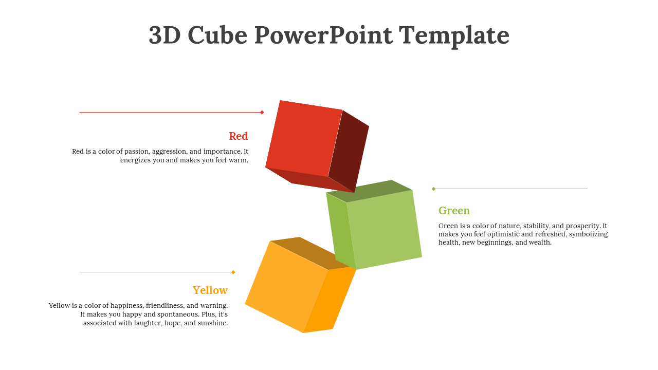 Three colorful 3D cubes red, yellow, and green arranged in a layout with corresponding descriptions of each color's meaning.