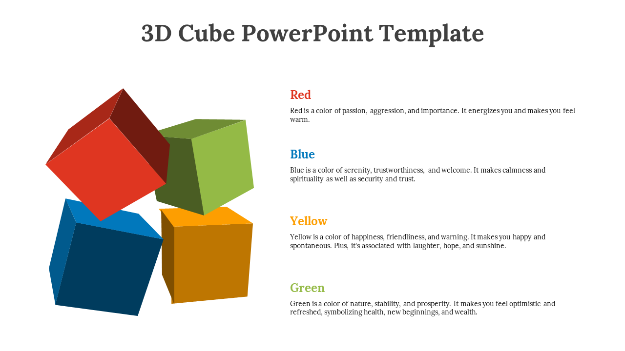 Four 3D cubes in red, blue, yellow, and green are arranged with color descriptions on a white backdrop.