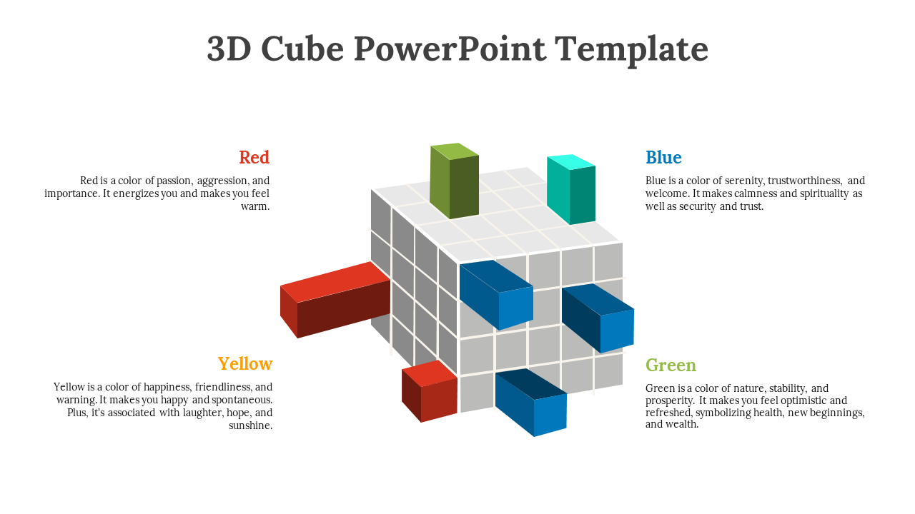 3D cube grid with red, yellow, green, and blue cubes, each with different meanings passion, happiness, growth, and trust.