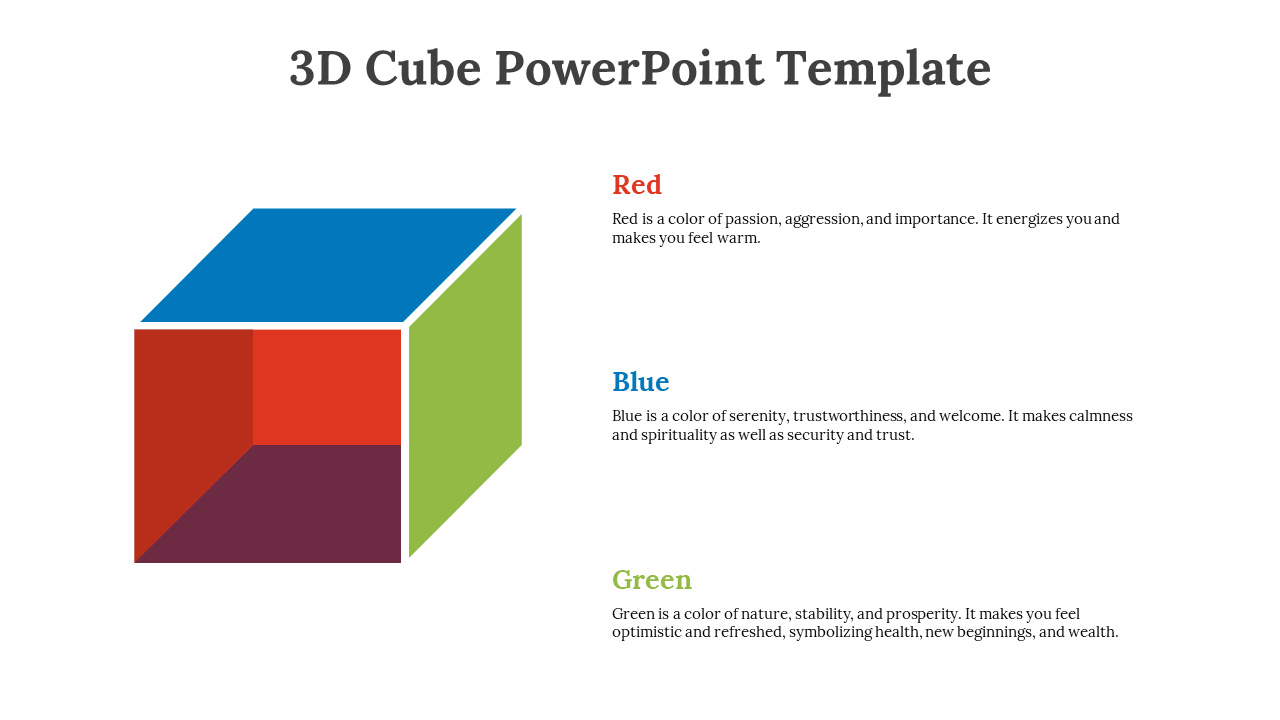 3D Cube template with red, blue, and green faces each representing different qualities like passion, tranquility, and growth.