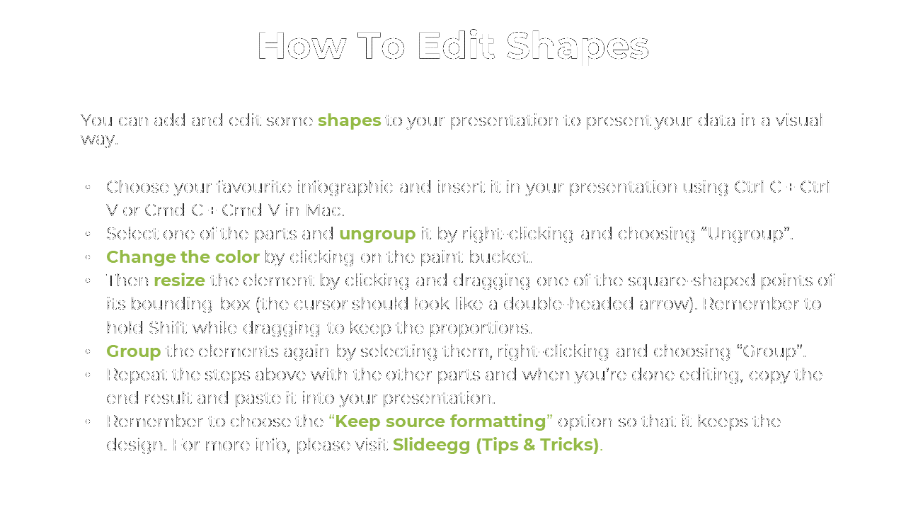 A step by step guide on how to edit shapes in PowerPoint, including instructions on grouping, resizing, and changing colors.