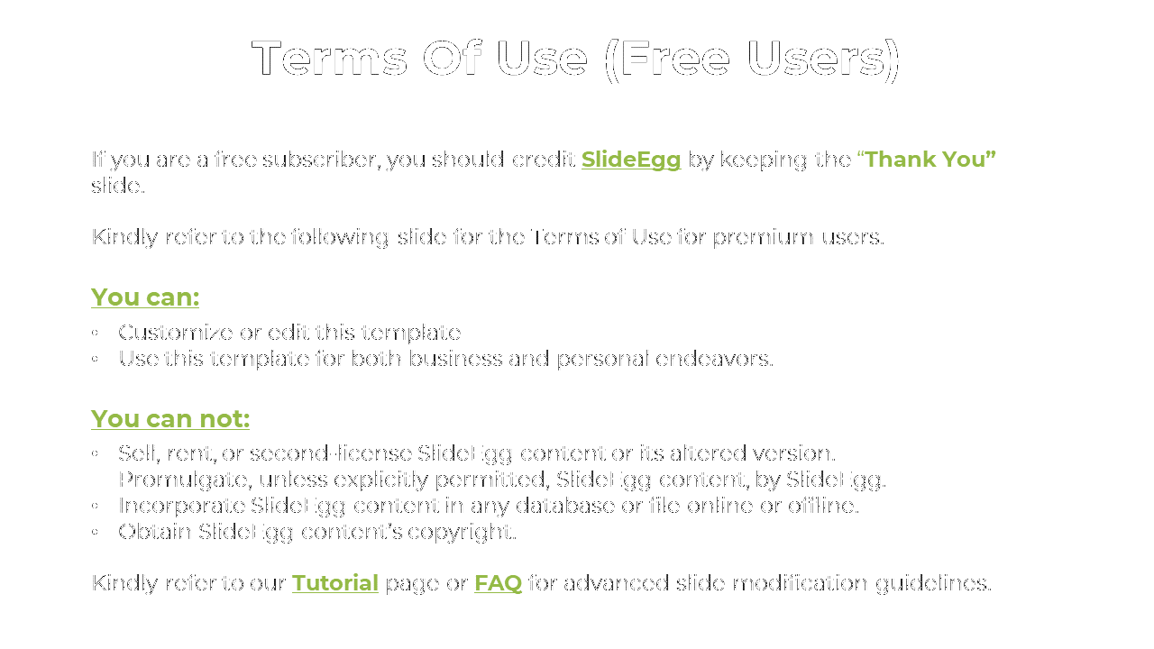 Terms of use for free subscribers, including guidelines for customization, usage, and crediting SlideEgg for free users.