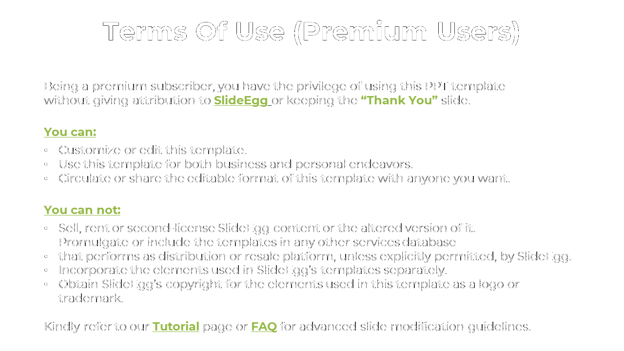Guidelines for premium SlideEgg users, outlining customization and sharing rights, as well as restrictions on a white theme.