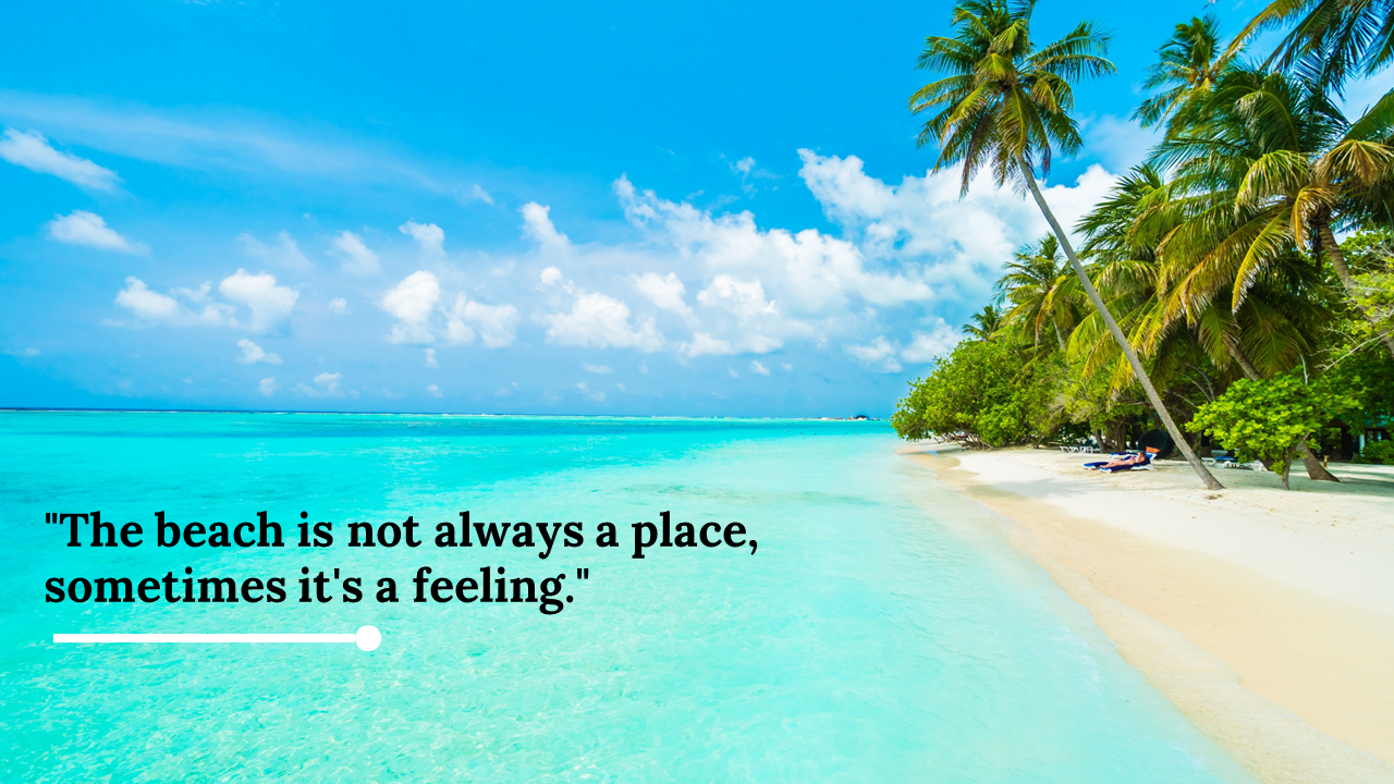 Tropical beach with turquoise water, palm trees, and a sandy beach, featuring the quote.