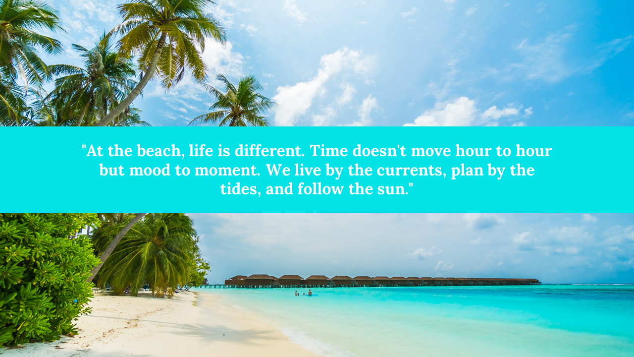 Scenic beach with turquoise water, palm trees, and a quote on a blue backdrop.