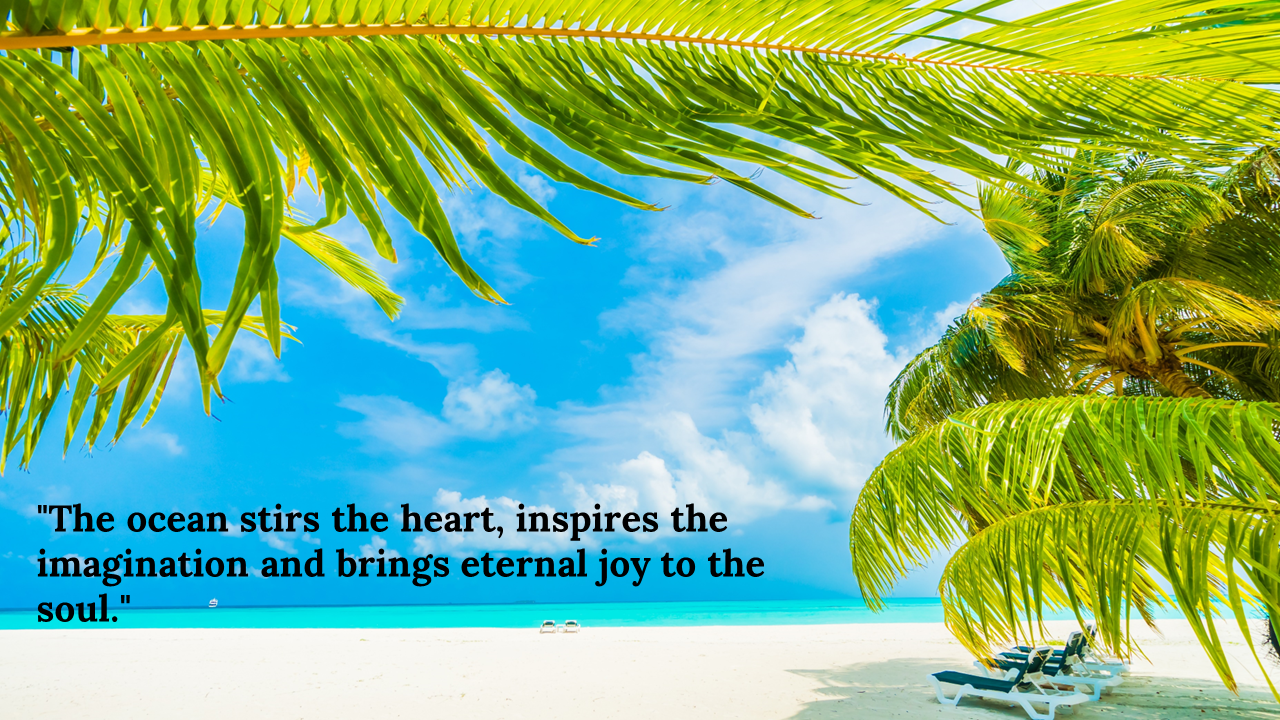 A serene beach with palm trees and the quote on a blue backdrop.