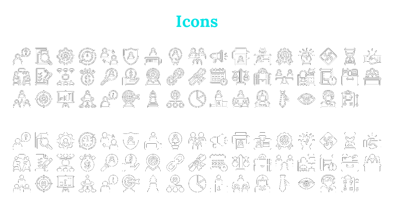 A collection of black and white icons representing various professional and business concepts like teamwork, and security.