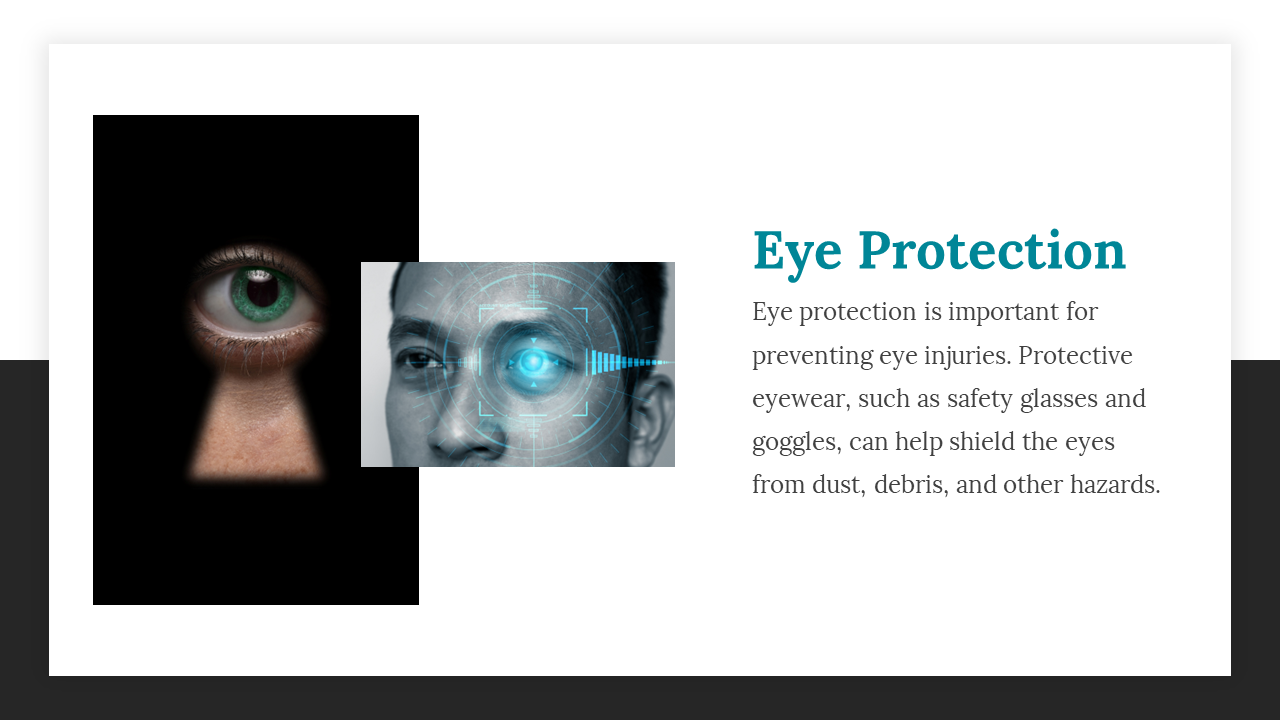 A visual showcasing eye protection, with images of a human eye and advanced eye protection technology.