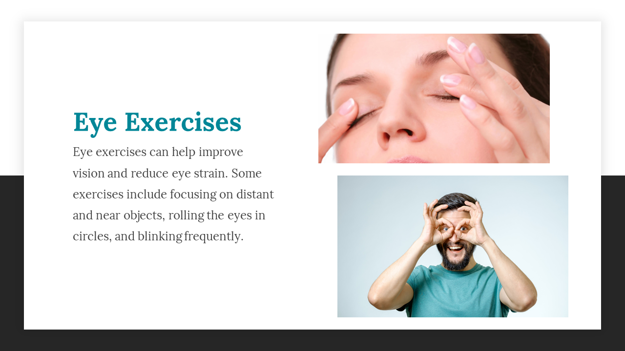 A woman performing eye exercises by gently pressing her eyelids, alongside a man making eye gestures for exercise.
