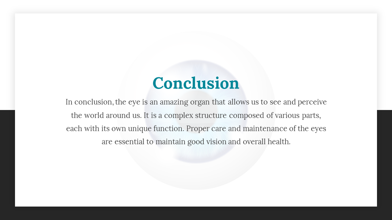 Conclusion slide with a close up image of an eye, summarizing the importance of the eye as a complex organ.