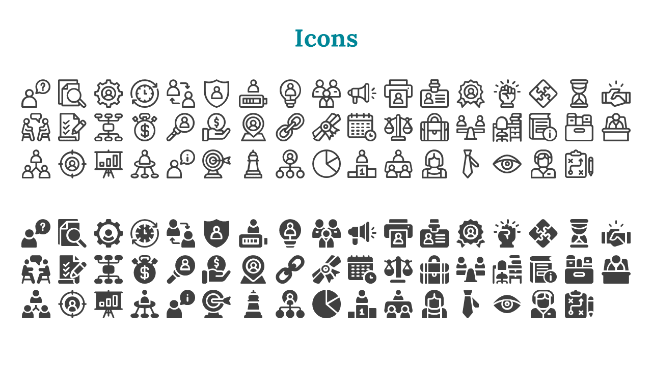 A collection of various black and white icons for business and technology, including people, and office related symbols.