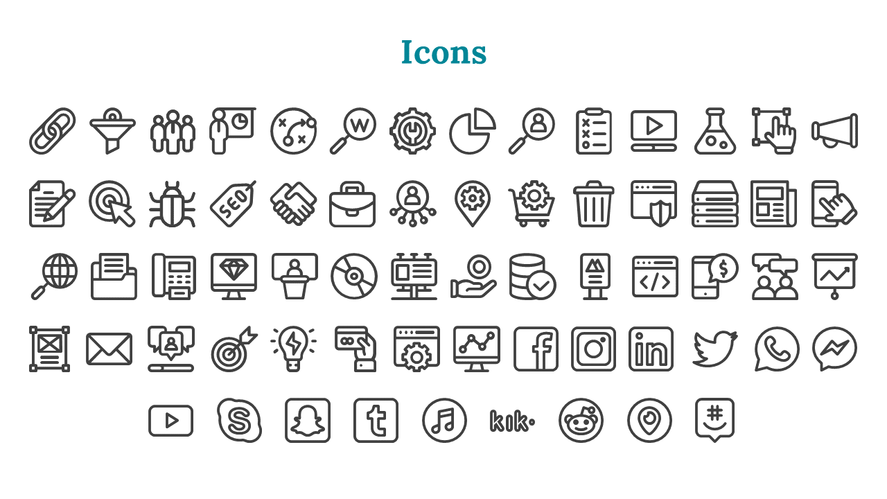 Set of simple monochrome icons featuring symbols for business, media, social networks, and technology on a white backdrop.