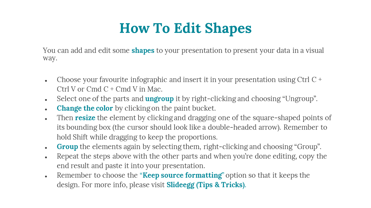 A guide on how to edit shapes in a presentation, with steps including ungrouping, resizing, and grouping elements.