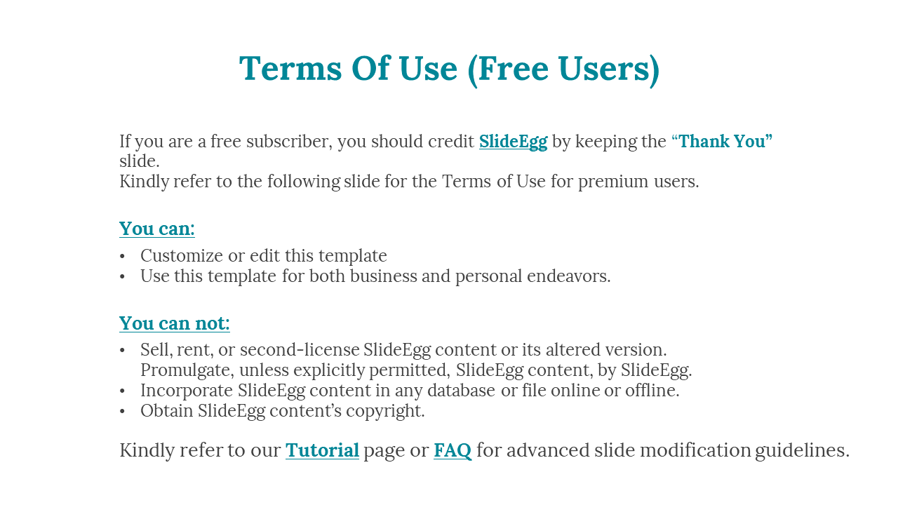 Terms of use for free subscribers, including the obligation to credit SlideEgg and restrictions on a white backdrop.