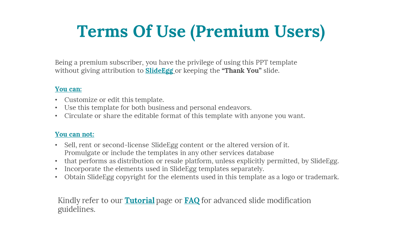 Terms of use for premium users, allowing full customization and sharing of SlideEgg templates without attribution.