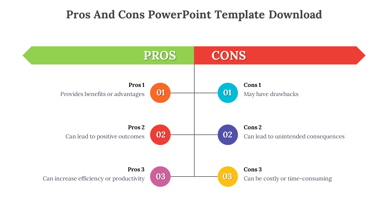 Pros and cons PowerPoint template showcasing a balanced comparison of advantages and disadvantages with colorful icons.