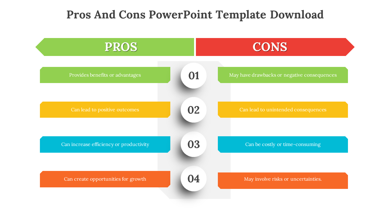 Pros and cons comparison PowerPoint template with color coded advantages and disadvantages in a clear and organized layout.