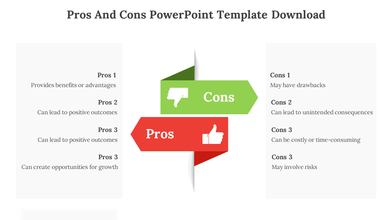 Pros and cons PowerPoint slide featuring a colorful layout with green pros and red cons, organized in a structured format.