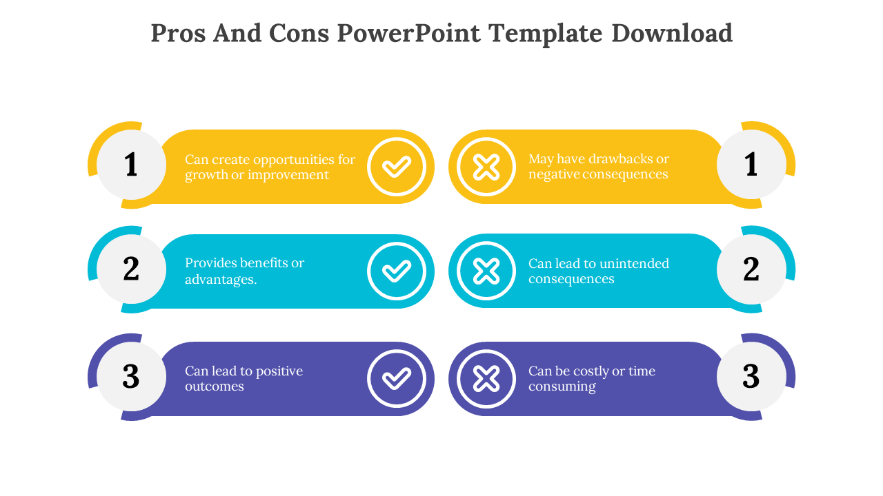 Pros and cons PPT slide with green, blue, yellow, and purple sections, each labeled with a positive or negative aspect.