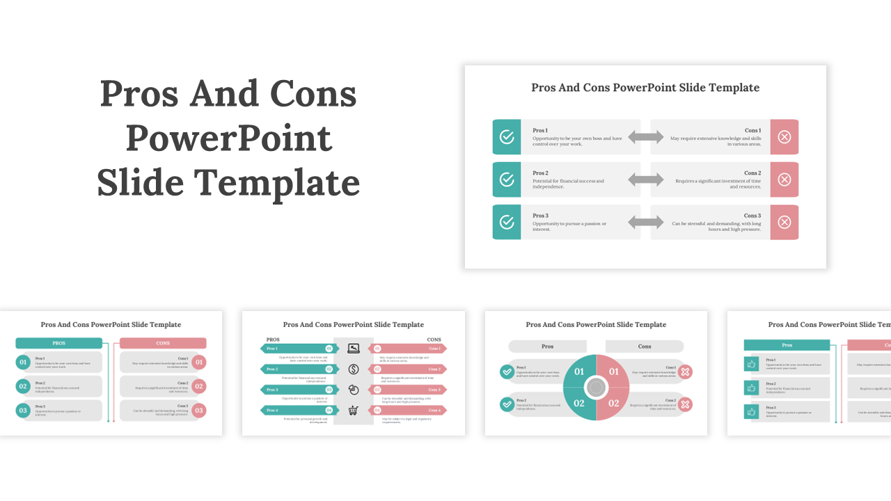 Pros and cons PowerPoint slides with visual comparison of advantages and disadvantages in different colorful layout designs.