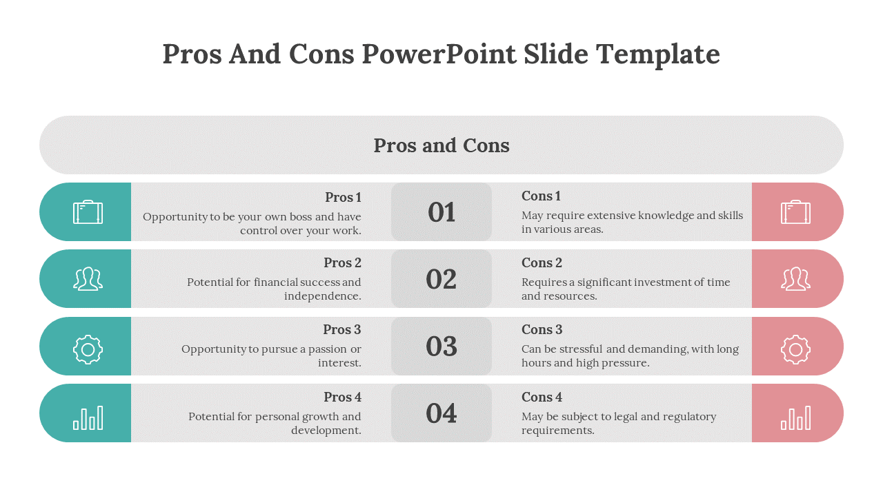 Pros and Cons PowerPoint slide in teal and pink color icons with text descriptions on a white backdrop.