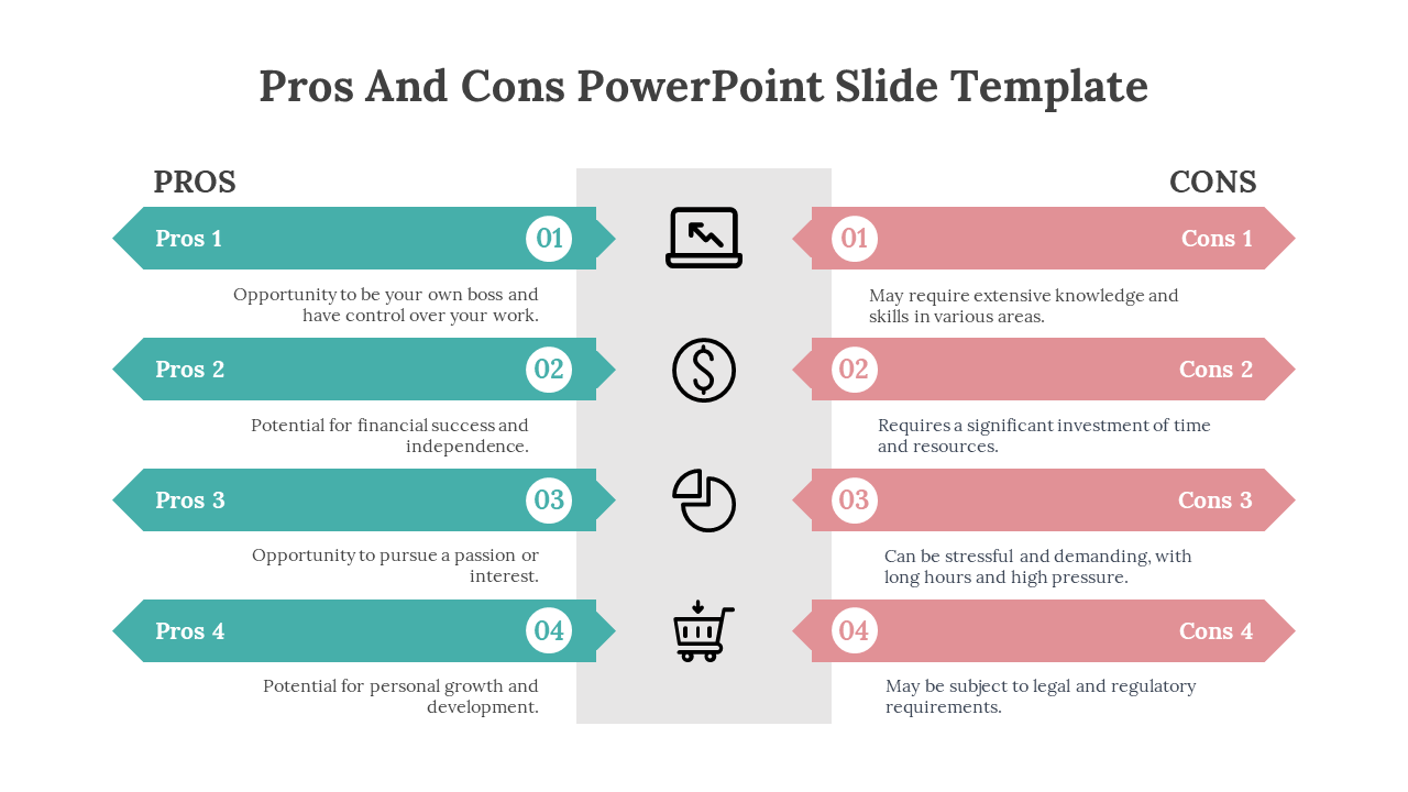 Pros and Cons PowerPoint template in teal and pink sections with central icons on a white backdrop.