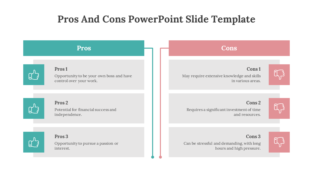 Pros and Cons PowerPoint template in teal with thumbs up icons and with thumbs down icons with text description.
