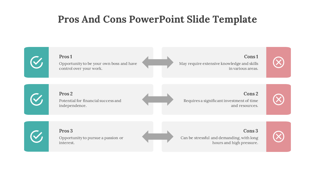 Pros and Cons template in teal with checkmarks linked by arrows to pink with X marks on a white backdrop.