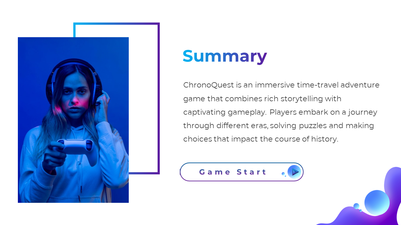 A focused woman playing a video game with a controller, surrounded by a colorful background and a game summary text.