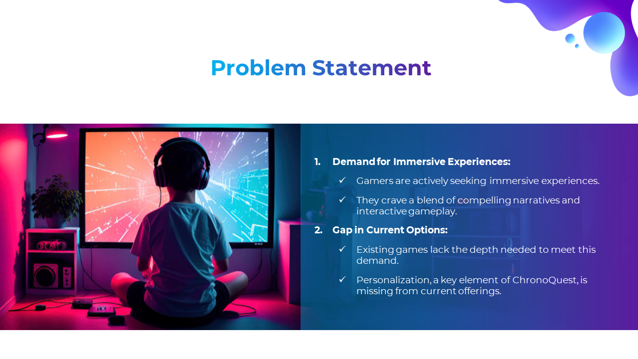 A slide discussing the demand for immersive experiences in gaming, paired with an image of a child wearing headphones.