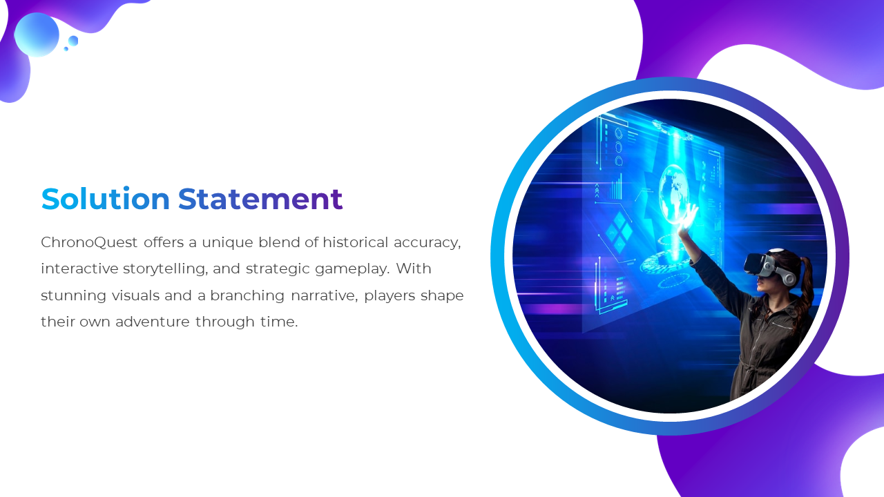 Slide showcasing ChronoQuest as a game with stunning visuals and branching narratives, featuring a person wearing VR goggles.