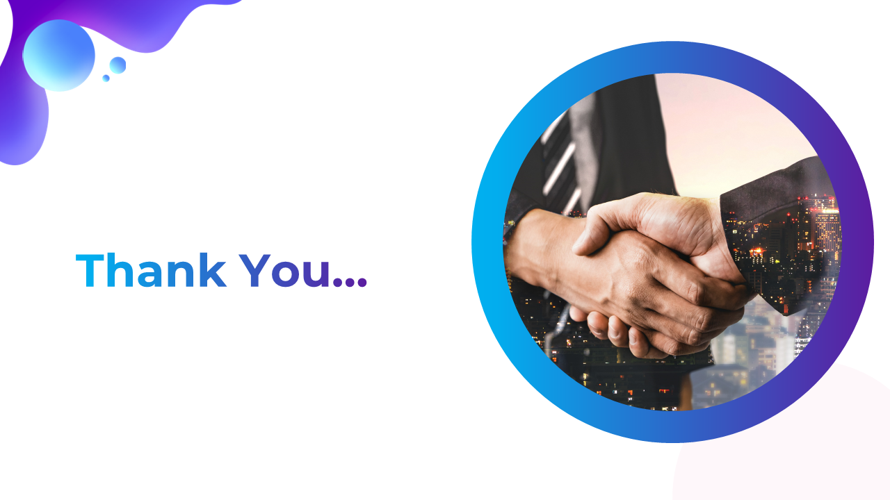 A thank you slide featuring a handshake between two people, with a cityscape in the background.